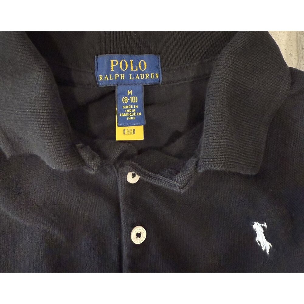 Polo Ralph Lauren Black Short Sleeve Shirt M Embroidered White Pony Casual Kids - Picture 5 of 6